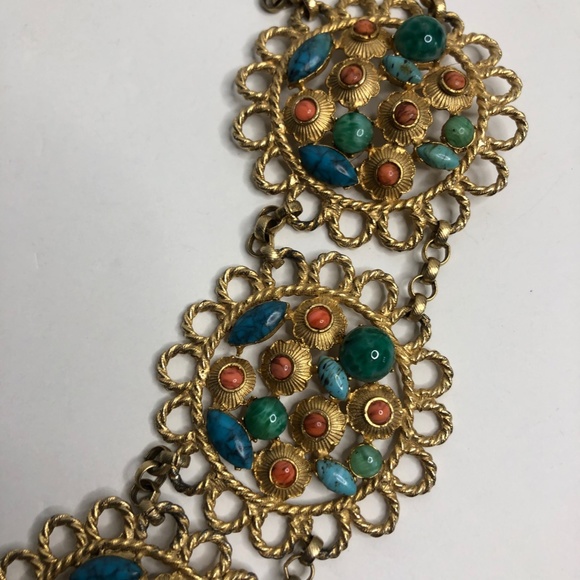 Kenneth Jay Lane KJL Cabochon Coral Turquoise Jade Glass Flower Chain Brass Belt main image 4